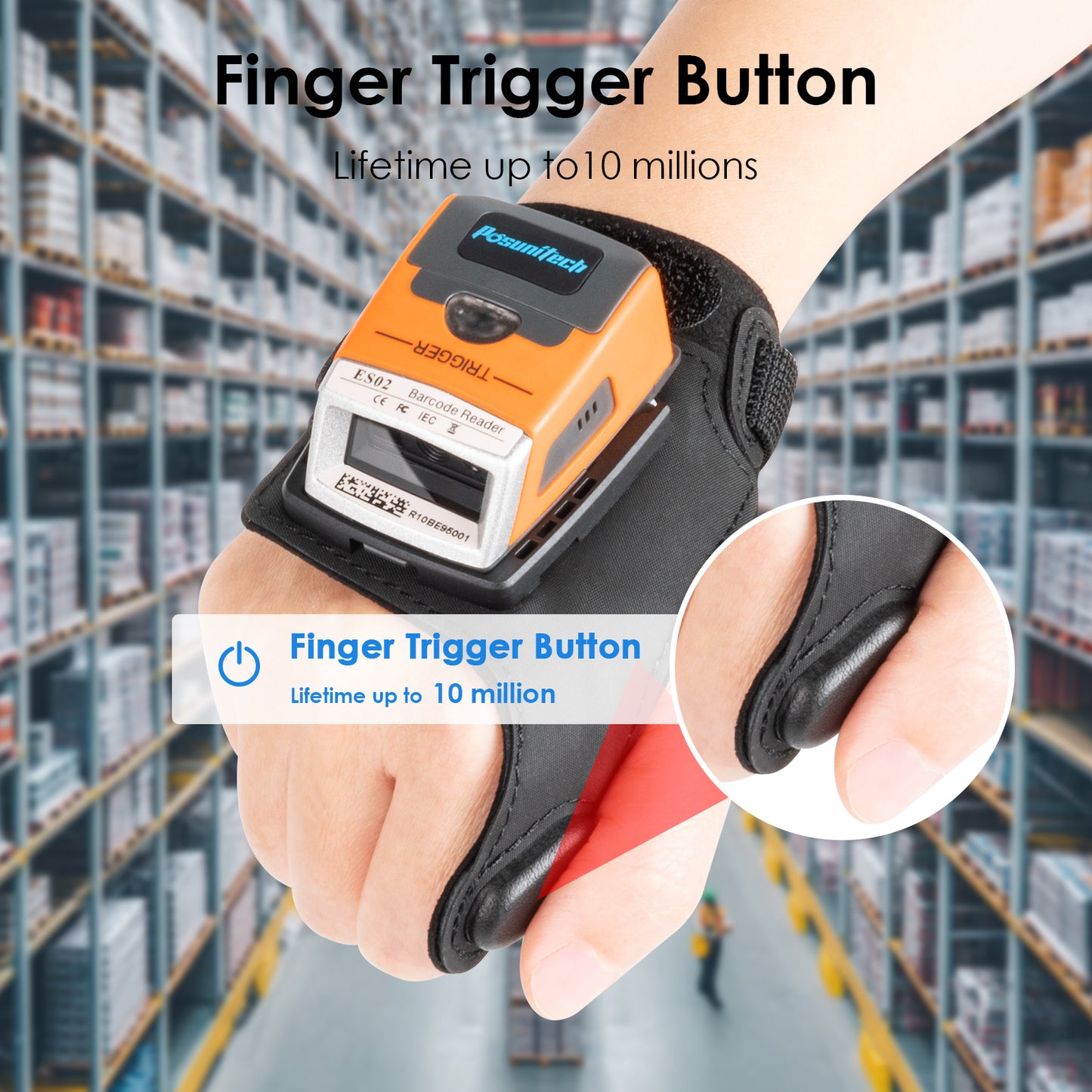 POSUNITECH ES02 2D Wearable Barcode Scanner, Hands-Free Glove QR Code Reader with Bluetooth, Wireless Inventory Picking Scanner for Warehouse, Logistics, Retail & Management System