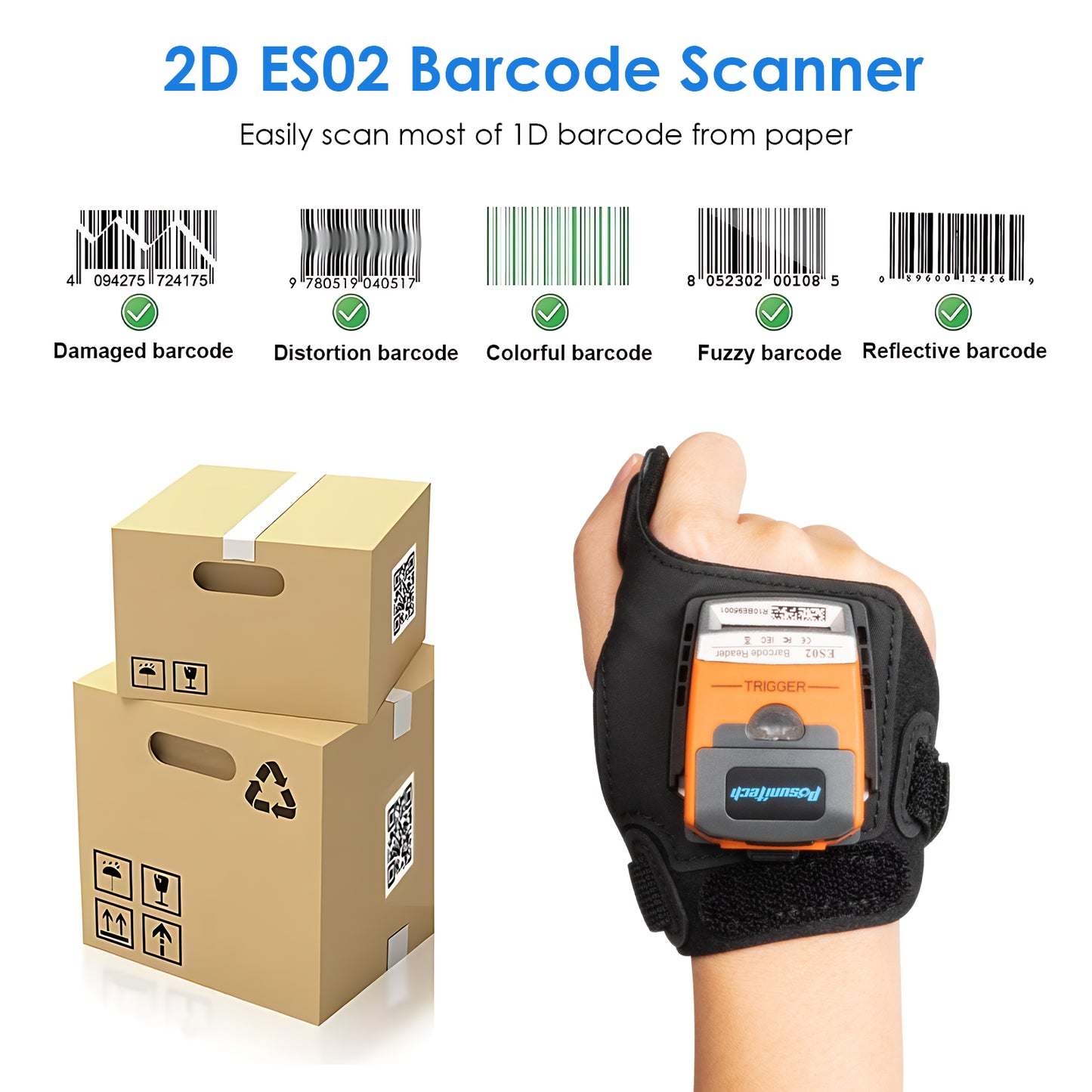 POSUNITECH ES02 2D Wearable Barcode Scanner, Hands-Free Glove QR Code Reader with Bluetooth, Wireless Inventory Picking Scanner for Warehouse, Logistics, Retail & Management System