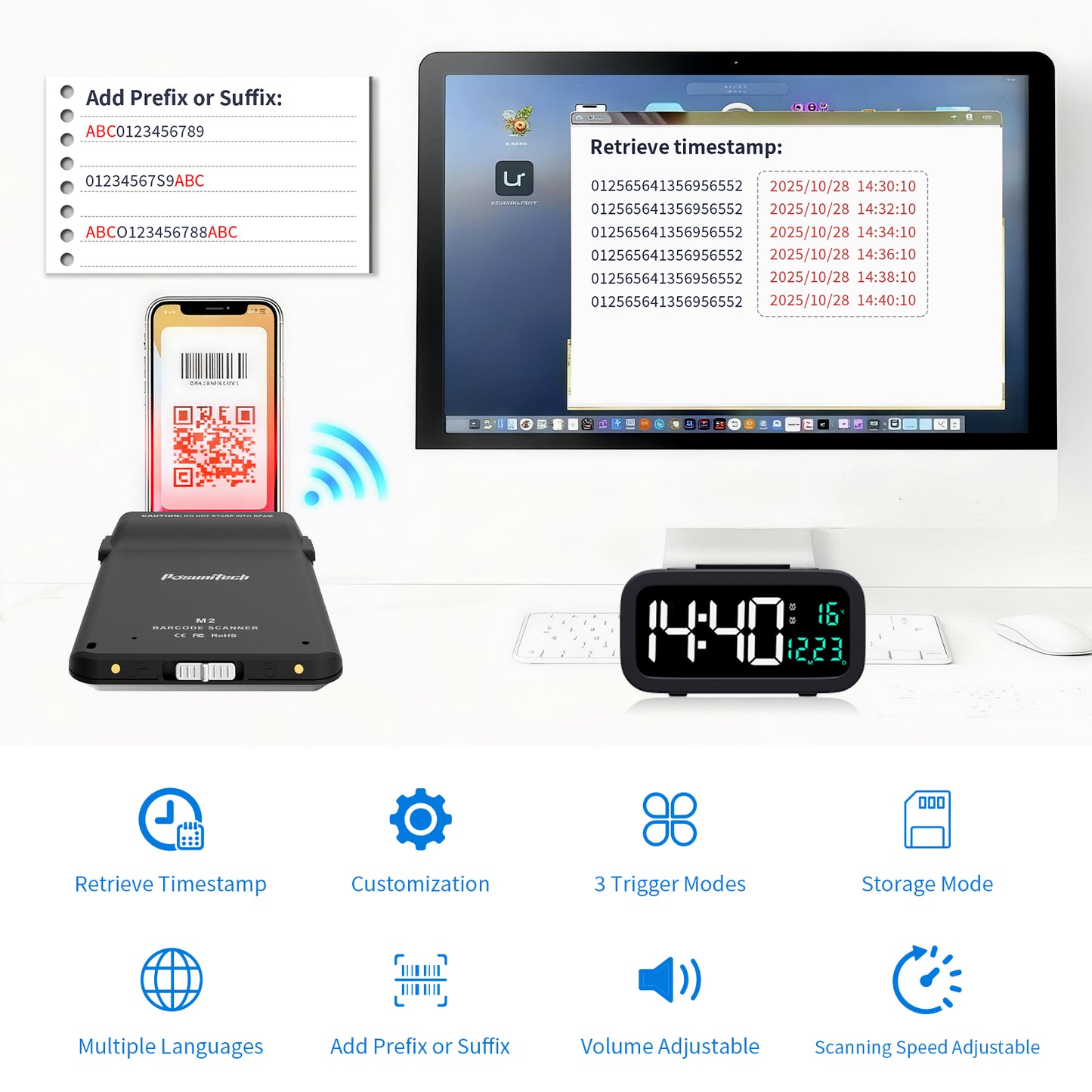 M2 backclip Barcode Scanner, Wireless Bluetooth 2D Barcode Scanner, Compatible with Multiple Mobile Phone Models