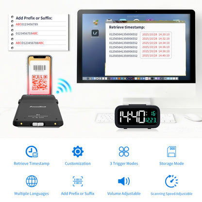 M2 backclip Barcode Scanner, Wireless Bluetooth 2D Barcode Scanner, Compatible with Multiple Mobile Phone Models