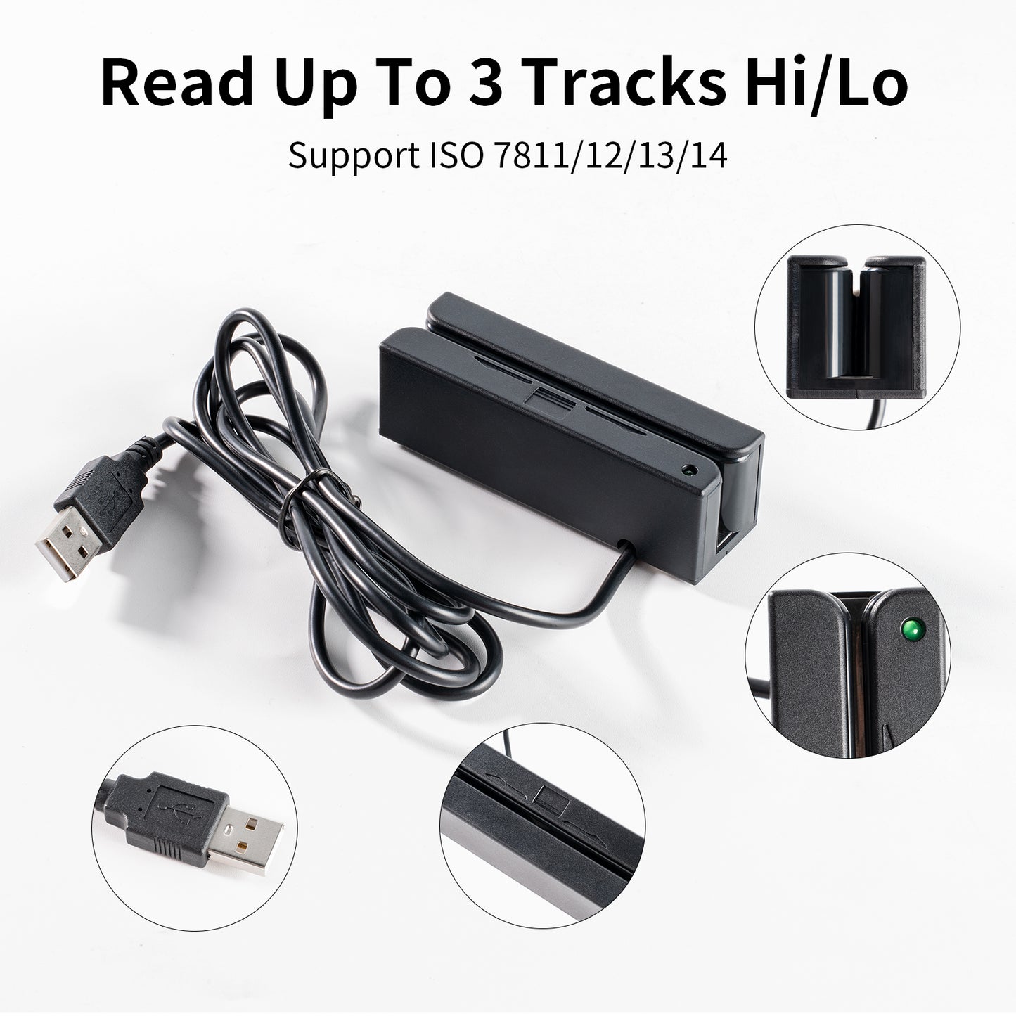 Mini MSR90-USB magnetic stripe card reader, equipped with a buzzer, supports three-track high/low data capture, and is suitable for POS systems and access control.