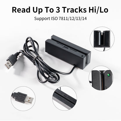 Mini MSR90-USB magnetic stripe card reader, equipped with a buzzer, supports three-track high/low data capture, and is suitable for POS systems and access control.