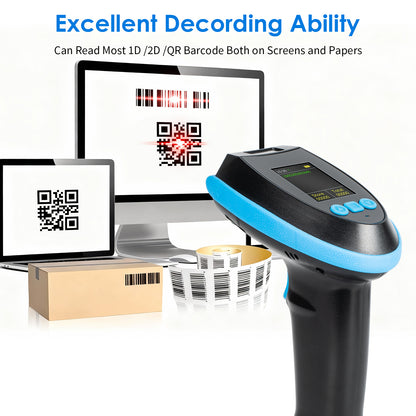 TH39 Wireless Barcode Scanner with Display Screen, 1.77'' On-Screen Configuration, Bluetooth 4.2 & 2.4G Wireless & USB, Industrial Handheld 1D/2D/QR Scanner for Warehouse, Inventory, Retail