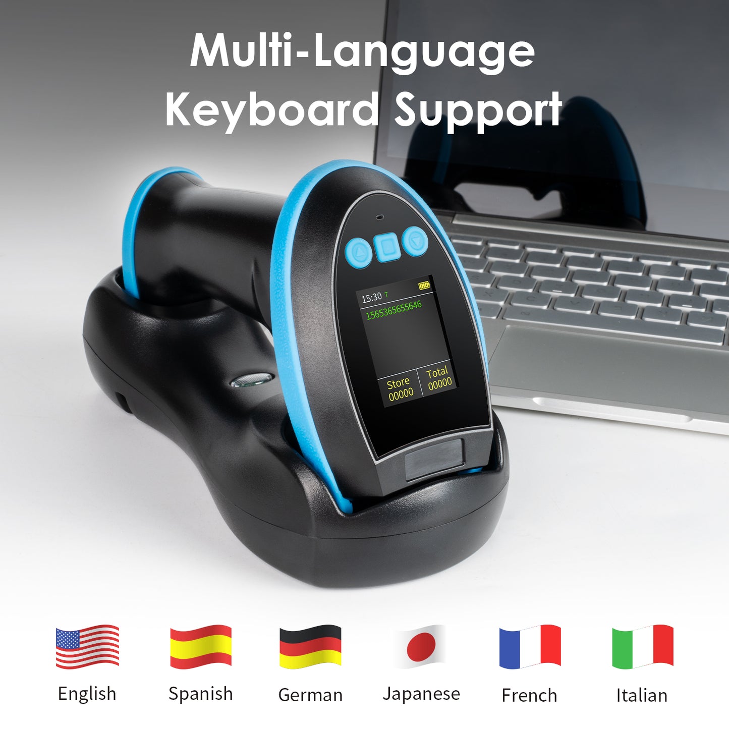 TH39 Wireless Barcode Scanner with Display Screen, 1.77'' On-Screen Configuration, Bluetooth 4.2 & 2.4G Wireless & USB, Industrial Handheld 1D/2D/QR Scanner for Warehouse, Inventory, Retail